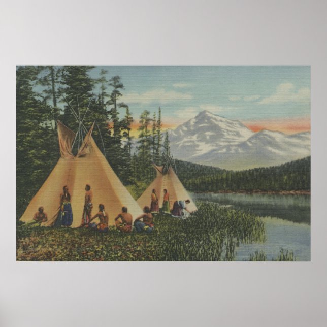 Northwest Indians - Two Teepees Near Mountain Poster (Front)