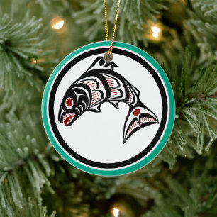 Northwest Pacific coast Haida art Salmon Ceramic Ornament