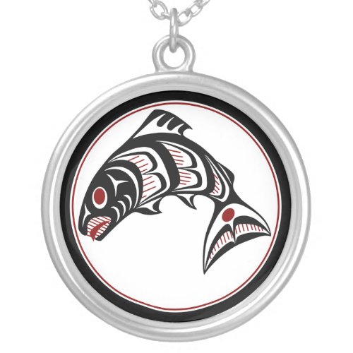 Northwest Pacific coast Haida art Salmon Silver Plated Necklace