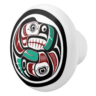 Northwest Pacific coast Otter chasing Salmon Ceramic Knob