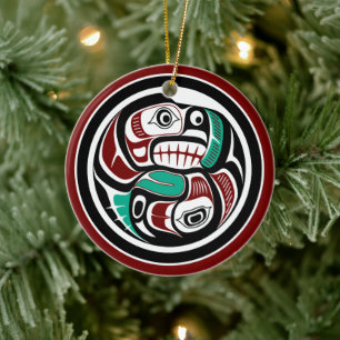 Northwest Pacific coast Otter chasing Salmon Ceramic Ornament