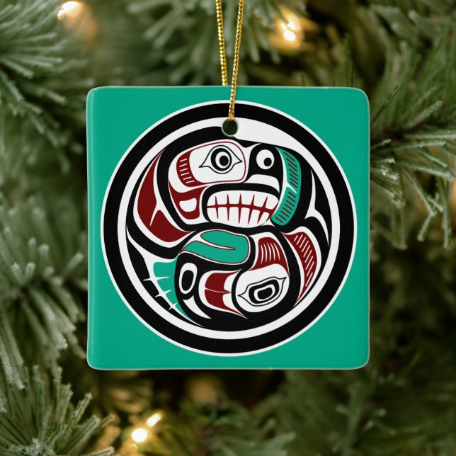 Northwest Pacific coast Otter chasing Salmon Ceramic Ornament (Tree)