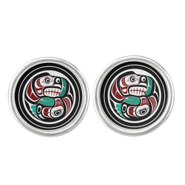 Northwest Pacific coast Otter chasing Salmon Cufflinks (Front)