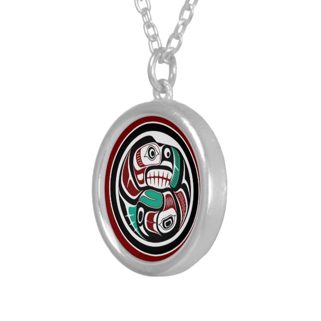 Northwest Pacific coast Otter chasing Salmon Silver Plated Necklace (Front Right)