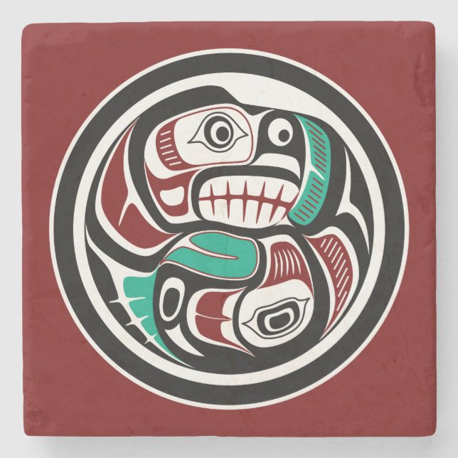 Northwest Pacific coast Otter chasing Salmon Stone Coaster (Front)