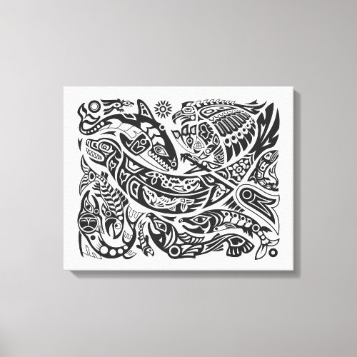 Northwest Shaman and Canoe Whale Hunting Salmon Canvas Print