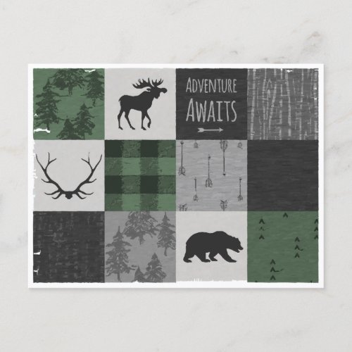 Northwoods Adventure Patchwork _ gray and green Holiday Postcard