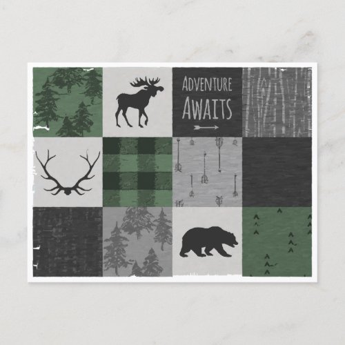 Northwoods Adventure Patchwork _ gray and green Postcard