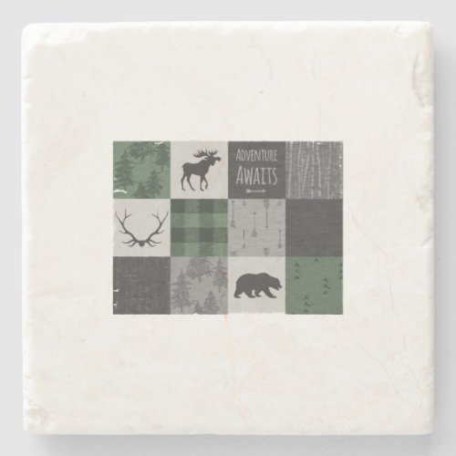 Northwoods Adventure Patchwork _ gray and green Stone Coaster