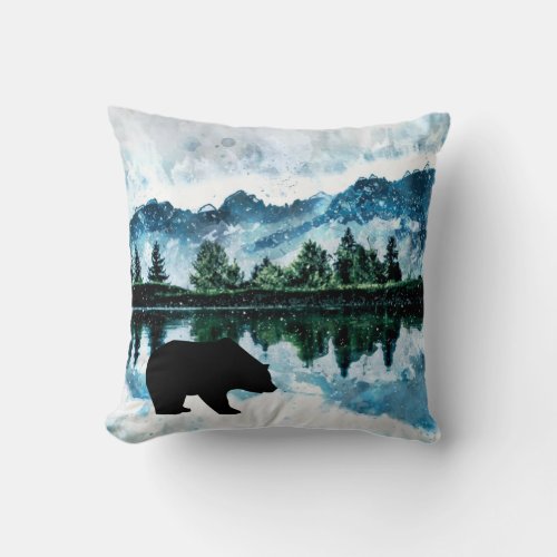 Northwoods Watercolor Landscape Bear Throw Pillow