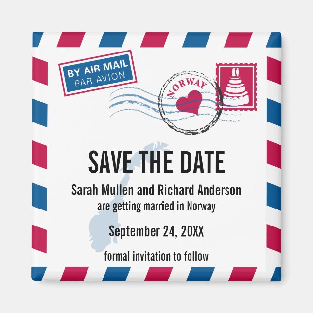 Norway Air Mail Wedding Save the Date Magnet (Front)