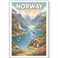 Norway Fjord Illustration Travel Art Vintage