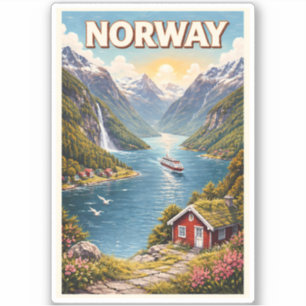 Norway Fjord Illustration Travel Art Vintage Sticker