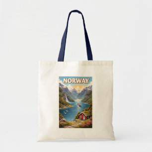 Norway Fjord Illustration Travel Art Vintage Tote Bag