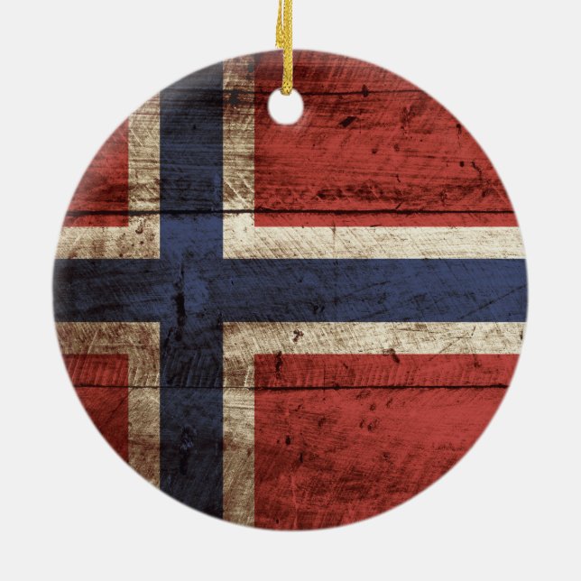 Norway Flag on Old Wood Grain Ceramic Ornament (Back)