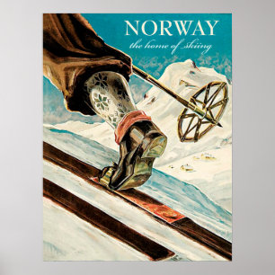 Norway, foot of a skier, vintage travel poster