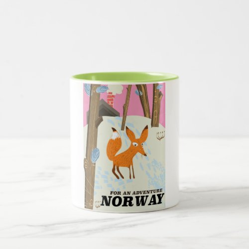 Norway fox vintage travel poster Two_Tone coffee mug