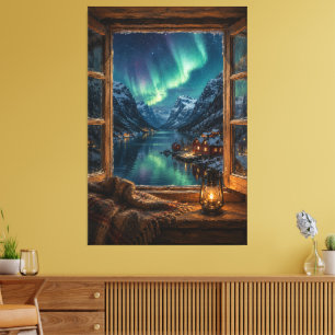 Norway Northern Lights Faux Window Aurora Borealis Canvas Print