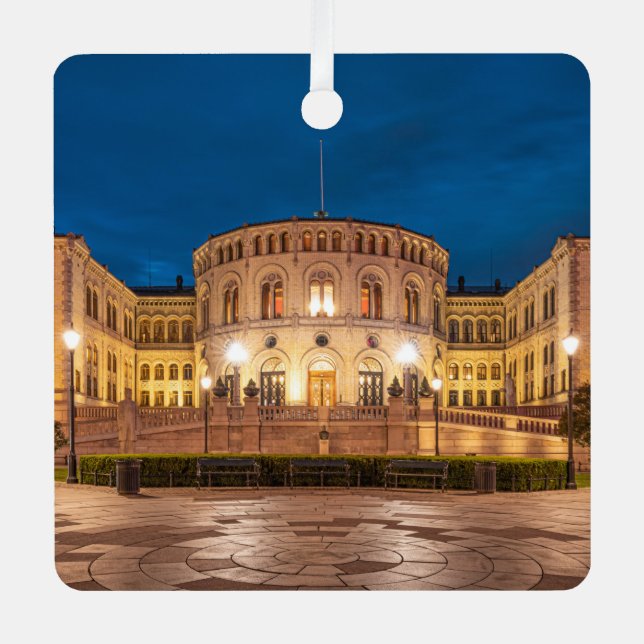 Norway Oslo Storting Building At Night Metal Ornament (Front)