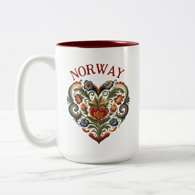 Norway Rosemaling Folk Art Heart  Two-Tone Coffee Two-Tone Coffee Mug (Left)