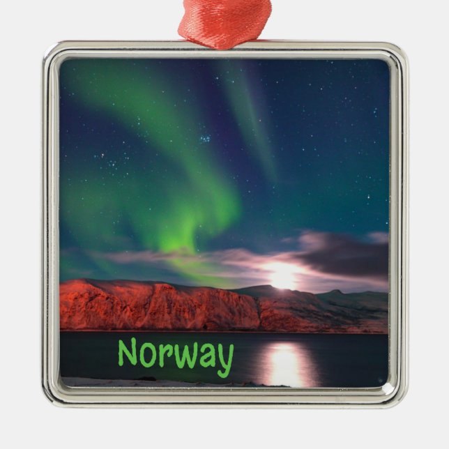 Norway Scandinavian Northern Lights Red Cliffs Metal Ornament (Front)