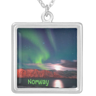 Norway Scandinavian Northern Lights Red Cliffs Silver Plated Necklace
