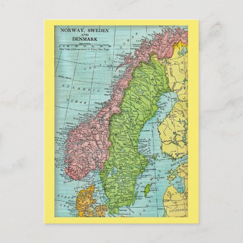 Norway, Sweden, & Denmark Map Postcard