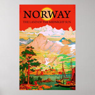 Norway, the land of midnight sun, vintage travel poster