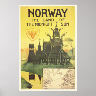 Norway The Land of the Midnight sun vintage travel Poster