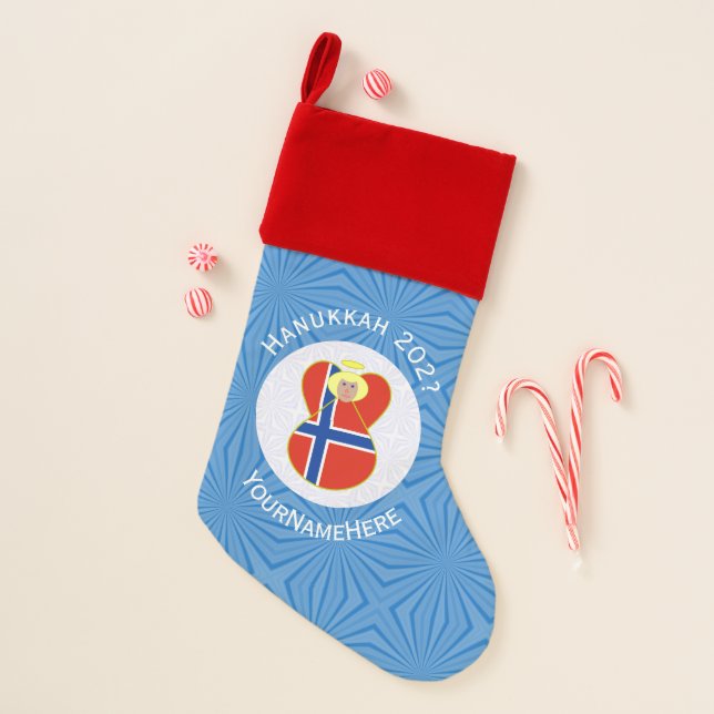 Norwegian Angel Hanukkah Flag Personalized  Christmas Stocking (Front)