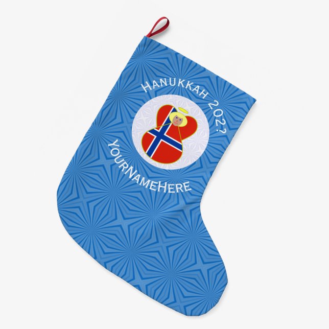 Norwegian Angel Hanukkah Flag Personalized  Large Christmas Stocking (Front (Hanging))