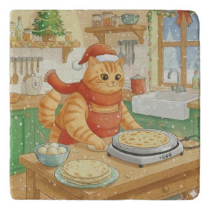 Norwegian Cat Making Christmas Lefse, Trivet