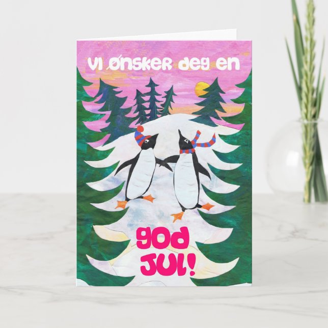 Norwegian Christmas Card - Skating Penguins (Front)