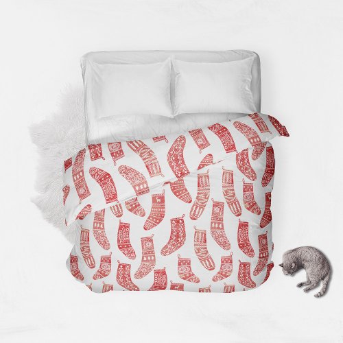 Norwegian Christmas Stocking Red White Duvet Cover