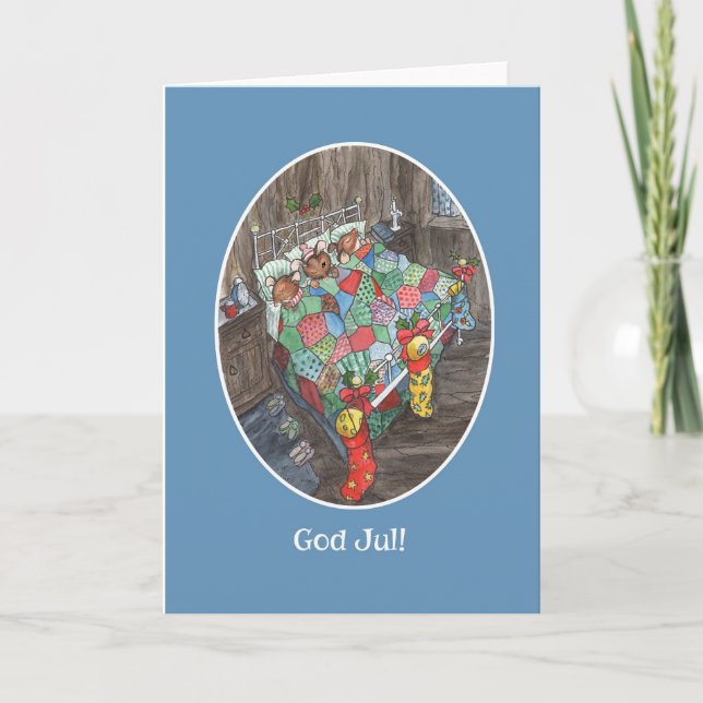 Norwegian Christmas Stockings Cute Wood-Mice Holiday Card (Front)