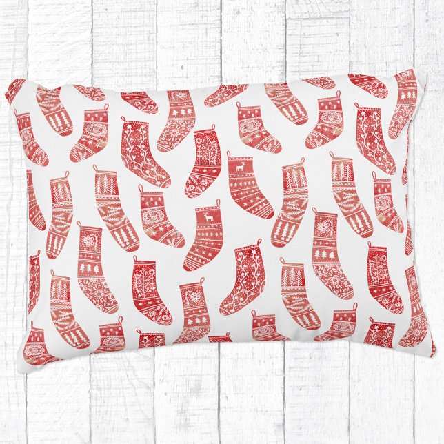 Norwegian Christmas Stockings Pattern Accent Pillow (Norwegian red and white knitted stockings and socks pattern festive throw pillow)