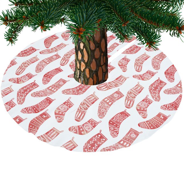 Norwegian Christmas Stockings Pattern Brushed Polyester Tree Skirt (Nordic Stockings red and white Christmas tree skirt)