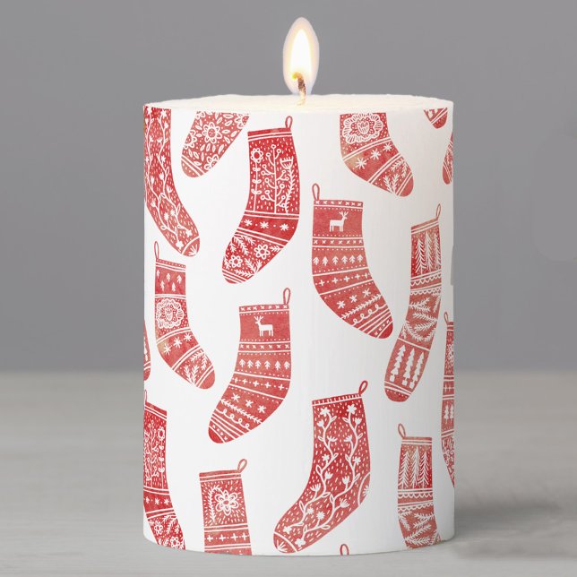 Norwegian Christmas Stockings Pattern Pillar Candle (Nordic Christmas Stockings red and white folk art candle)