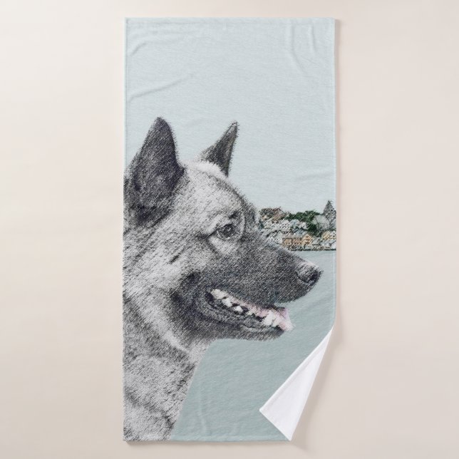 Norwegian Elkhound at Village Painting - Dog Art Bath Towel Set (Bath Towel)