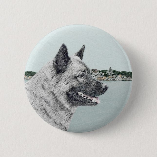 Norwegian Elkhound at Village Painting - Dog Art Button (Front)