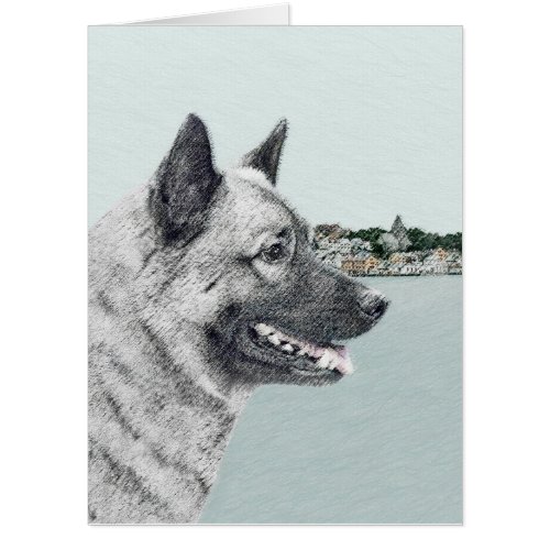 Norwegian Elkhound at Village Painting _ Dog Art Card