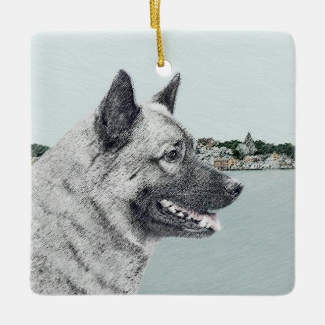 Norwegian Elkhound at Village Painting - Dog Art Ceramic Ornament (Front)