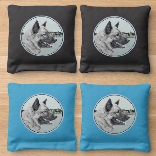 Norwegian Elkhound at Village Painting _ Dog Art Cornhole Bags