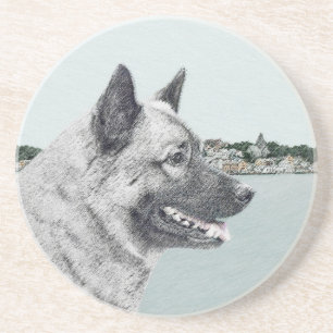 Norwegian Elkhound at Village Painting - Dog Art Drink Coaster