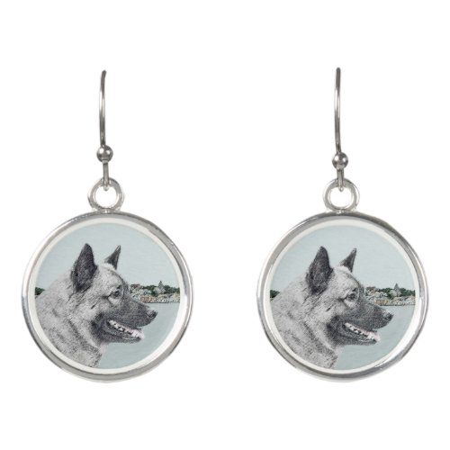 Norwegian Elkhound at Village Painting _ Dog Art Earrings