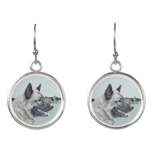 Norwegian Elkhound at Village Painting - Dog Art Earrings (Front)