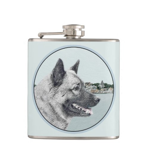 Norwegian Elkhound at Village Painting _ Dog Art Flask