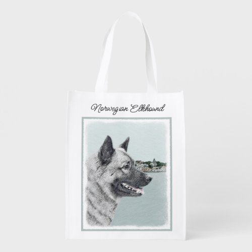 Norwegian Elkhound at Village Painting _ Dog Art G Grocery Bag