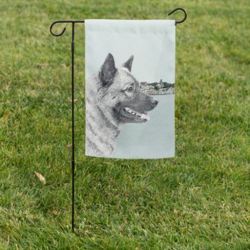 Norwegian Elkhound at Village Painting _ Dog Art Garden Flag