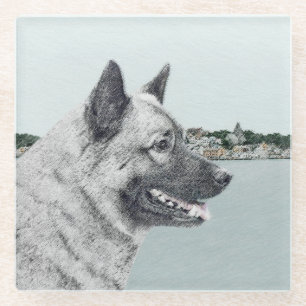 Norwegian Elkhound at Village Painting - Dog Art Glass Coaster